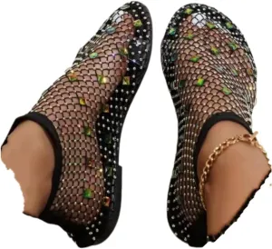 Shiny Gem Mesh Flats for Women, Sandals Dressy Summer Slip On Shoes, Sexy Cutout Sparkly Casual Wedding Dress Flats