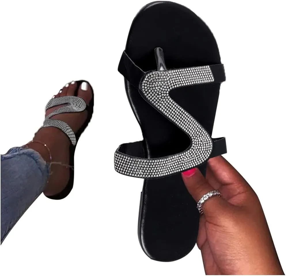 Shiny Rhinestone Flat Sandals for Women Open Toe Slip On Flip Flops Summer Outdoor Beach Travel Flats Party Club Shoes