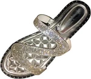 Shiny Rhinestone Flat Sandals for Women Open Toe Slip On Flip Flops Summer Outdoor Beach Travel Flats Party Club Shoes