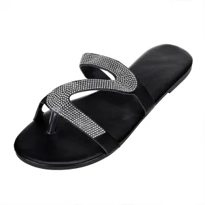 Shiny Rhinestone Flat Sandals for Women Open Toe Slip On Flip Flops Summer Outdoor Beach Travel Flats Party Club Shoes