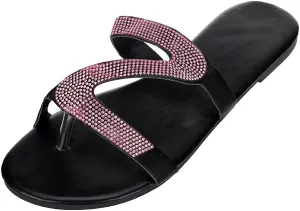 Shiny Rhinestone Flat Sandals for Women Open Toe Slip On Flip Flops Summer Outdoor Beach Travel Flats Party Club Shoes