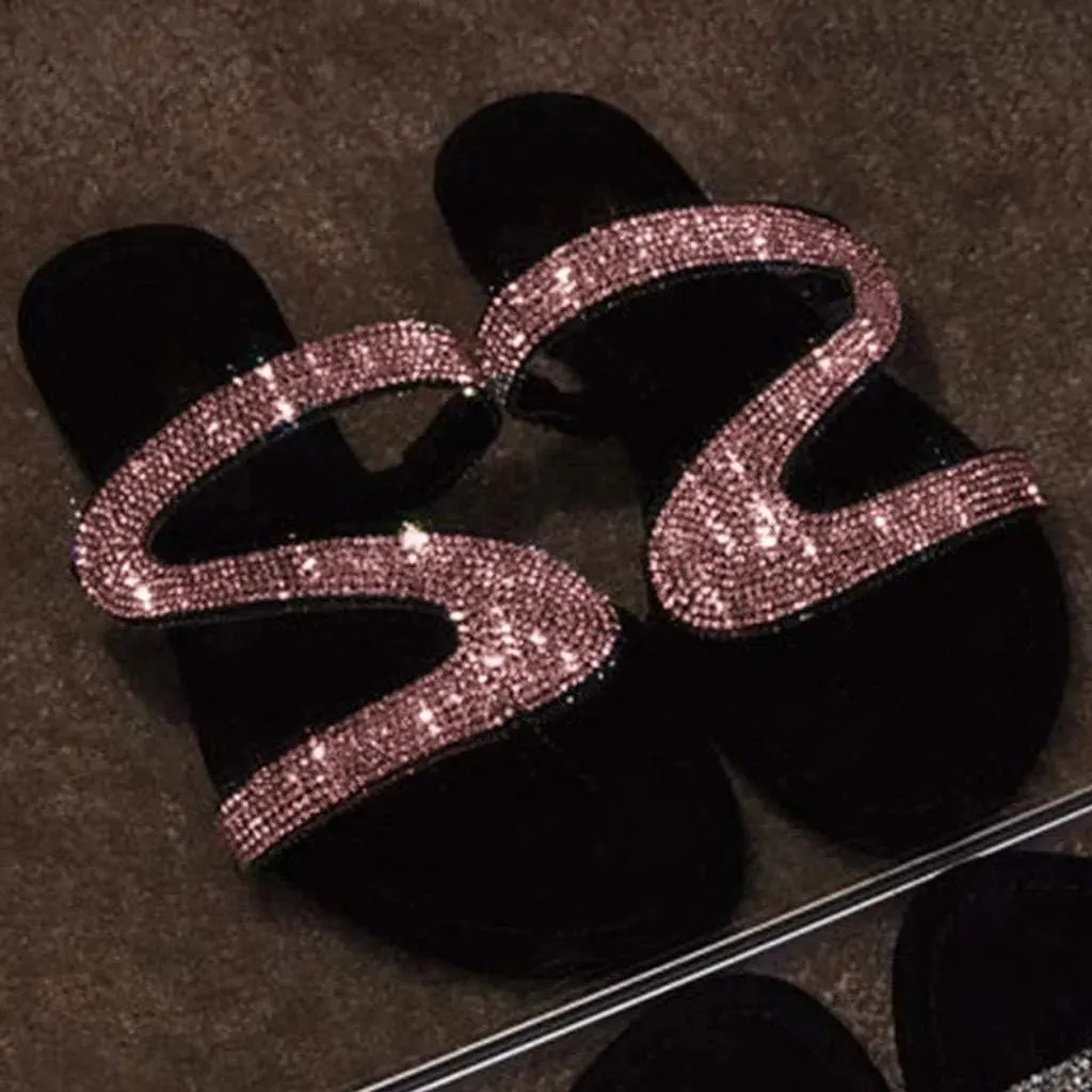 Shiny Rhinestone Flat Sandals for Women Open Toe Slip On Flip Flops Summer Outdoor Beach Travel Flats Party Club Shoes