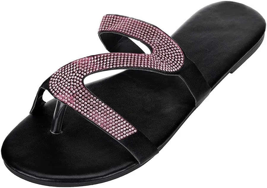 Shiny Rhinestone Flat Sandals for Women Open Toe Slip On Flip Flops Summer Outdoor Beach Travel Flats Party Club Shoes
