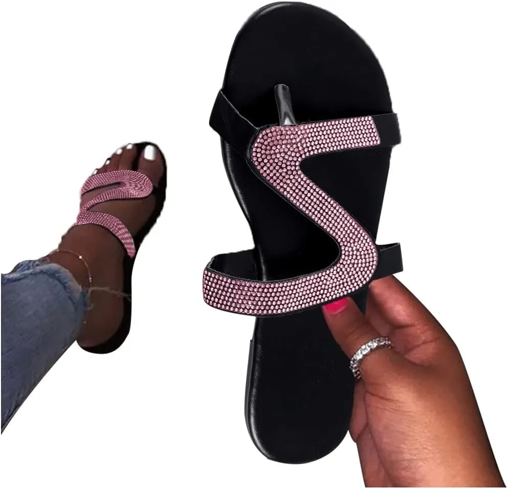 Shiny Rhinestone Flat Sandals for Women Open Toe Slip On Flip Flops Summer Outdoor Beach Travel Flats Party Club Shoes