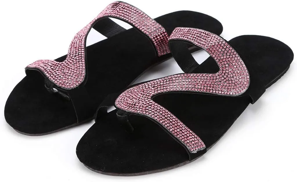 Shiny Rhinestone Flat Sandals for Women Open Toe Slip On Flip Flops Summer Outdoor Beach Travel Flats Party Club Shoes