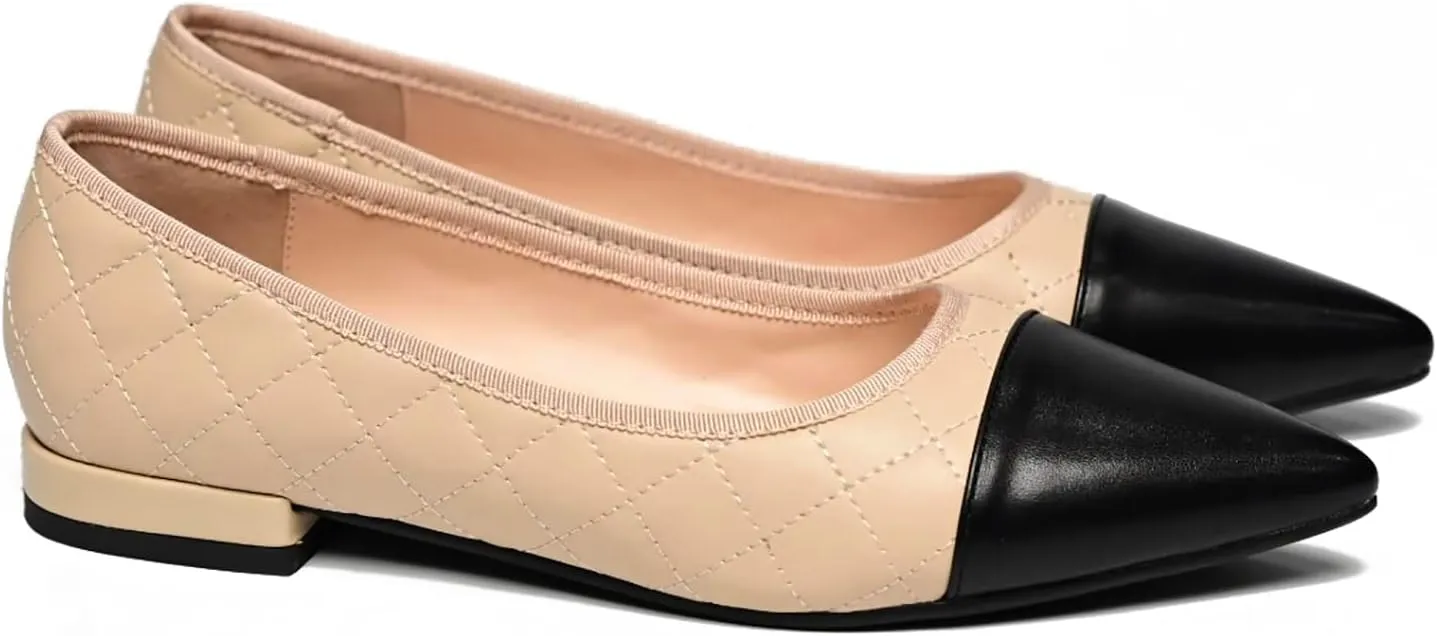 SHODENSE Women Casual Cap Toe Flats Slip on Pointed Toe Ballet Flats Two Tone 0.5" Low Flat Heel Pumps Comfort Colorblock Basic Flat Dress Shoes Work Chic Driver Flats Fall 4-11 M US