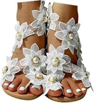 Sparkly Sandals Women Summer Dressy 2024 Wedding Flat Sandals Rhinestone Sandal Floral Gladiator Sandals with Toe Ring Bohemian Flip Flops for Bride Crystal Beach Shoes Comfortable