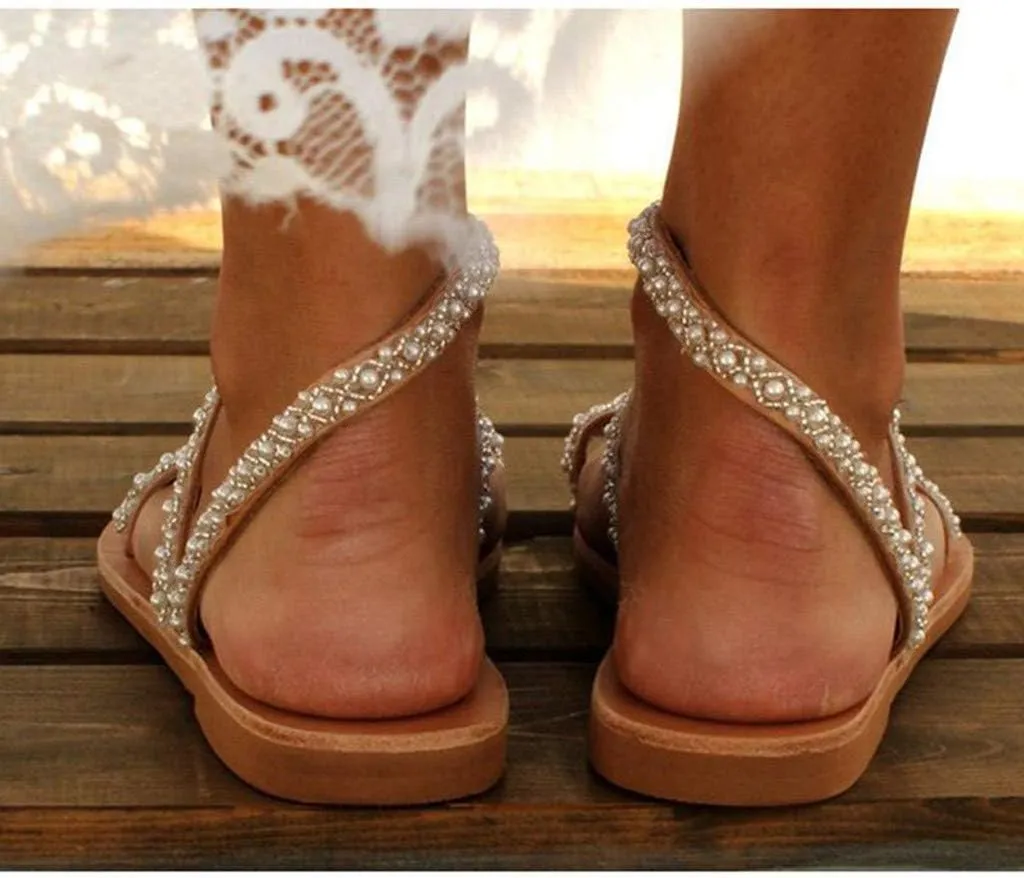 Sparkly Sandals Women Summer Dressy 2024 Wedding Flat Sandals Rhinestone Sandal Floral Gladiator Sandals with Toe Ring Bohemian Flip Flops for Bride Crystal Beach Shoes Comfortable
