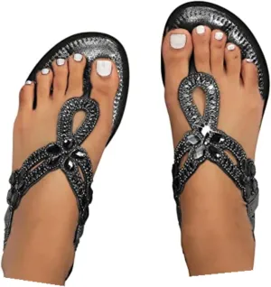 Sparkly Sandals Women Summer Dressy 2024 Wedding Flat Sandals Rhinestone Sandal Floral Gladiator Sandals with Toe Ring Bohemian Flip Flops for Bride Crystal Beach Shoes Comfortable