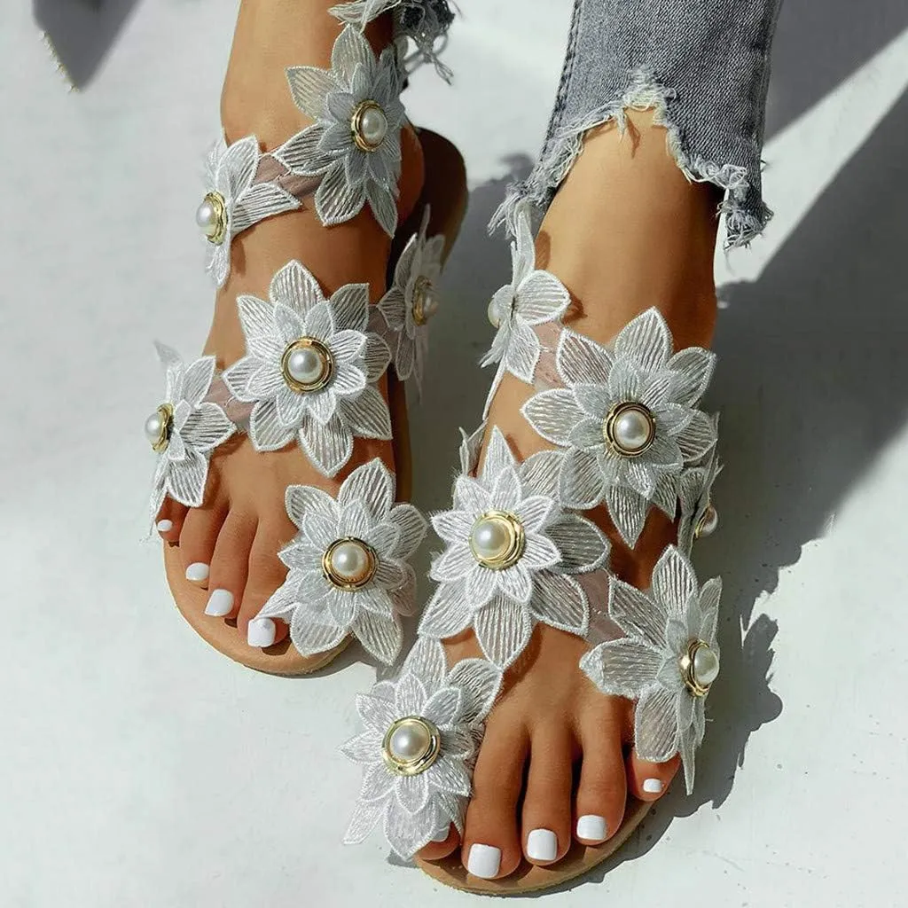 Sparkly Sandals Women Summer Dressy 2024 Wedding Flat Sandals Rhinestone Sandal Floral Gladiator Sandals with Toe Ring Bohemian Flip Flops for Bride Crystal Beach Shoes Comfortable