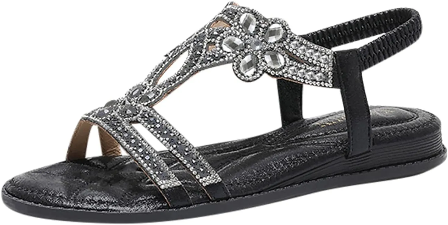 Sparkly Sandals Women Summer Dressy 2024 Wedding Flat Sandals Rhinestone Sandal Floral Gladiator Sandals with Toe Ring Bohemian Flip Flops for Bride Crystal Beach Shoes Comfortable
