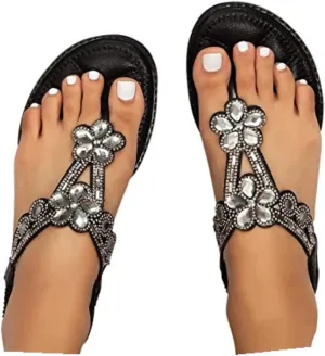 Sparkly Sandals Women Summer Dressy 2024 Wedding Flat Sandals Rhinestone Sandal Floral Gladiator Sandals with Toe Ring Bohemian Flip Flops for Bride Crystal Beach Shoes Comfortable