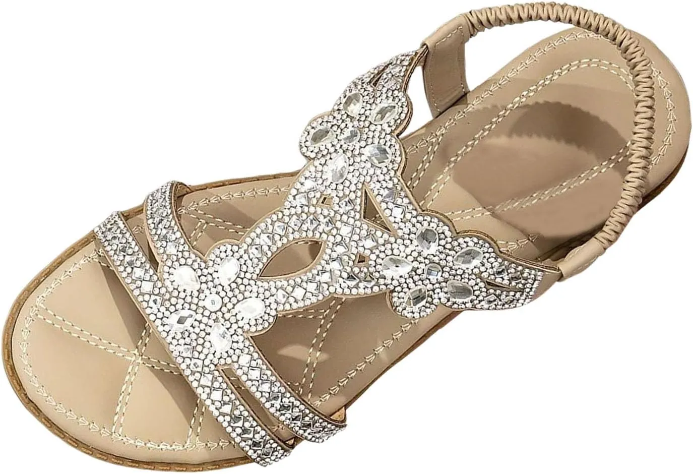 Summer Sandals for Women 2025 Bohemian Beaded Rhinestone Ankle Strap Dressy Wedding Shoes Comfortable Beach Flat Sandals