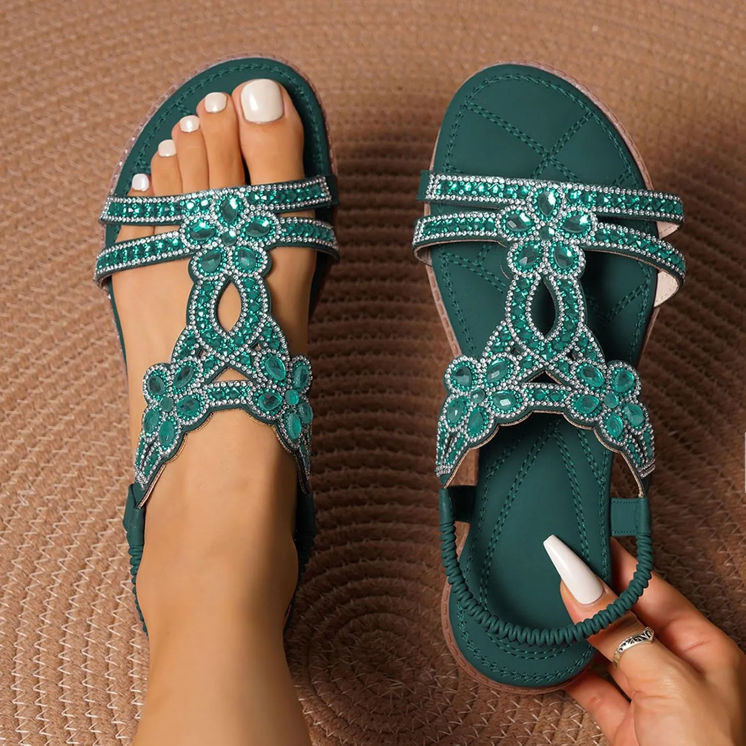 Summer Sandals for Women 2025 Bohemian Beaded Rhinestone Ankle Strap Dressy Wedding Shoes Comfortable Beach Flat Sandals