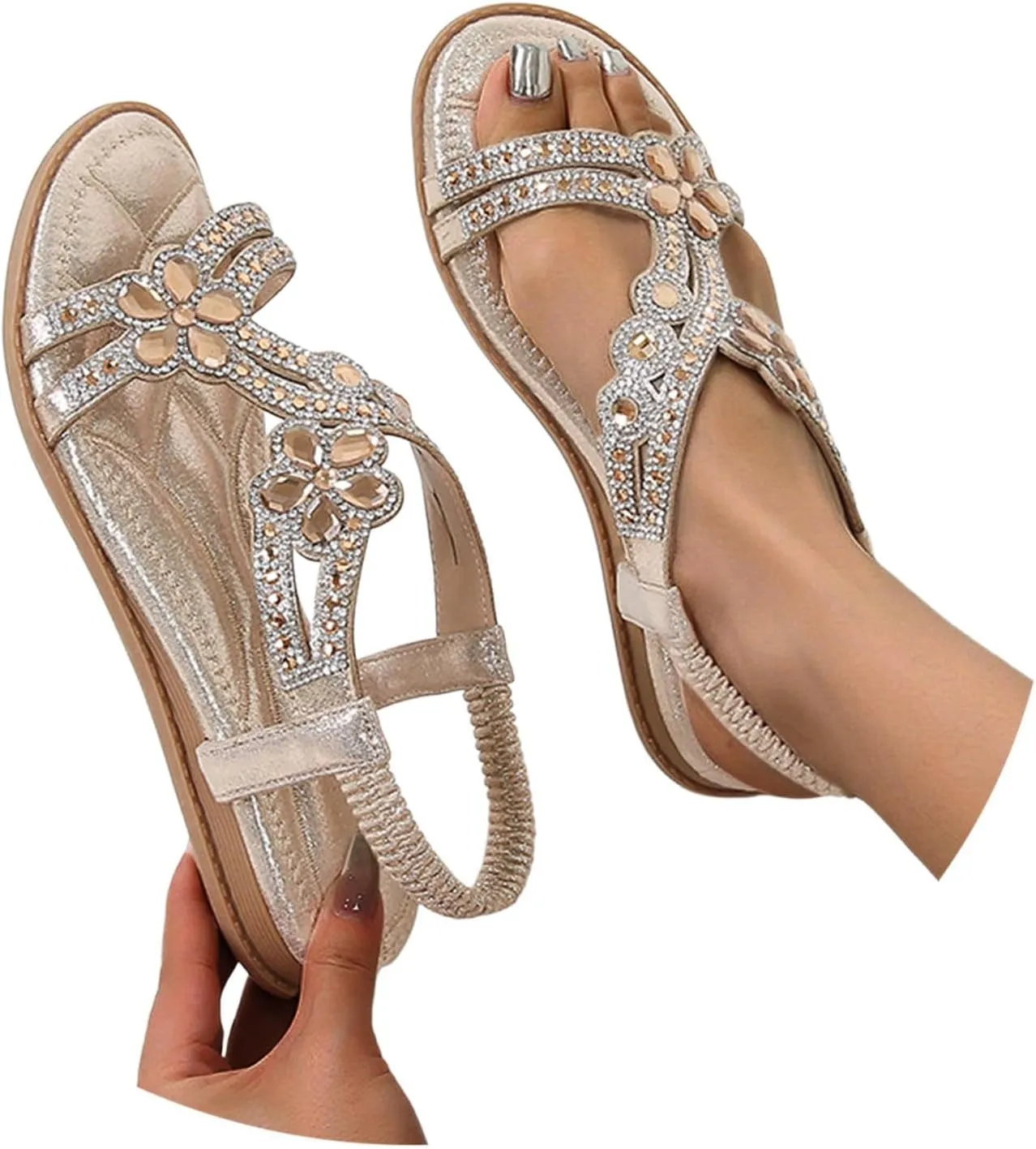 Summer Sandals for Women 2025 Bohemian Beaded Rhinestone Ankle Strap Dressy Wedding Shoes Comfortable Beach Flat Sandals