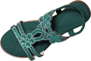 Summer Sandals for Women 2025 Bohemian Beaded Rhinestone Ankle Strap Dressy Wedding Shoes Comfortable Beach Flat Sandals