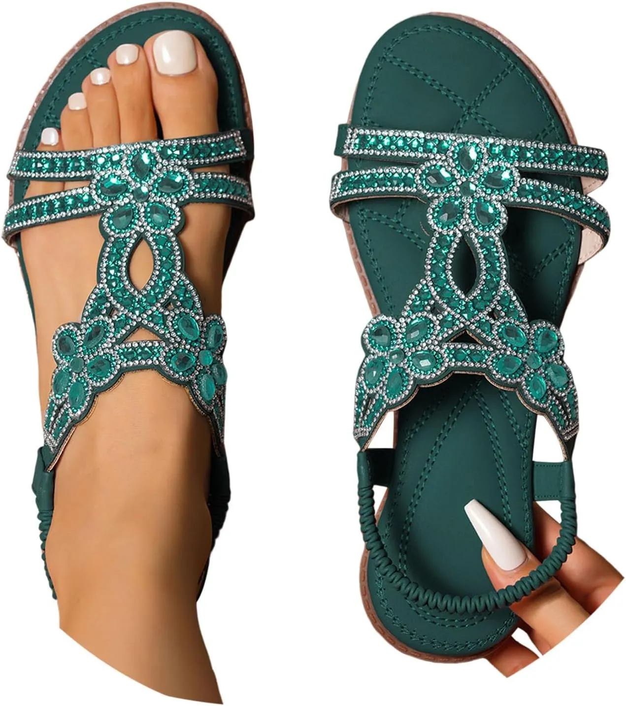 Summer Sandals for Women 2025 Bohemian Beaded Rhinestone Ankle Strap Dressy Wedding Shoes Comfortable Beach Flat Sandals