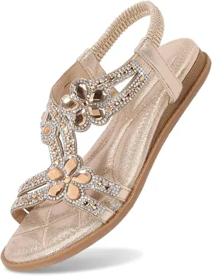 Summer Sandals for Women 2025 Bohemian Beaded Rhinestone Ankle Strap Dressy Wedding Shoes Comfortable Beach Flat Sandals