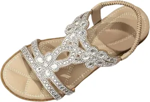 Summer Sandals for Women 2025 Bohemian Beaded Rhinestone Ankle Strap Dressy Wedding Shoes Comfortable Beach Flat Sandals