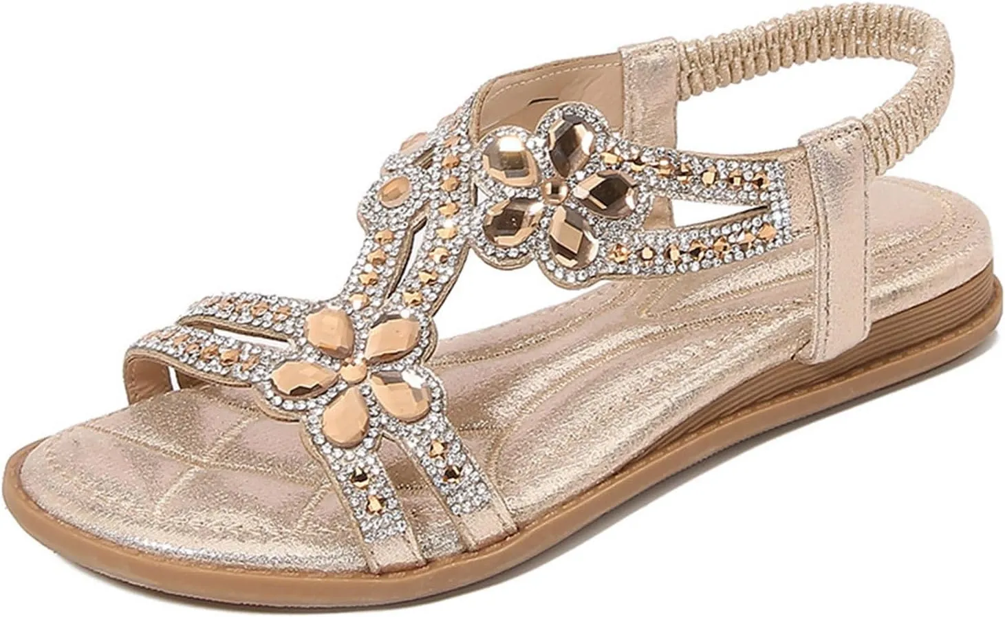 Summer Sandals for Women 2025 Bohemian Beaded Rhinestone Ankle Strap Dressy Wedding Shoes Comfortable Beach Flat Sandals