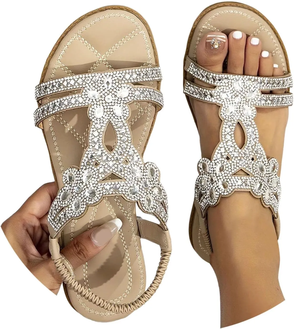 Summer Sandals for Women 2025 Bohemian Beaded Rhinestone Ankle Strap Dressy Wedding Shoes Comfortable Beach Flat Sandals