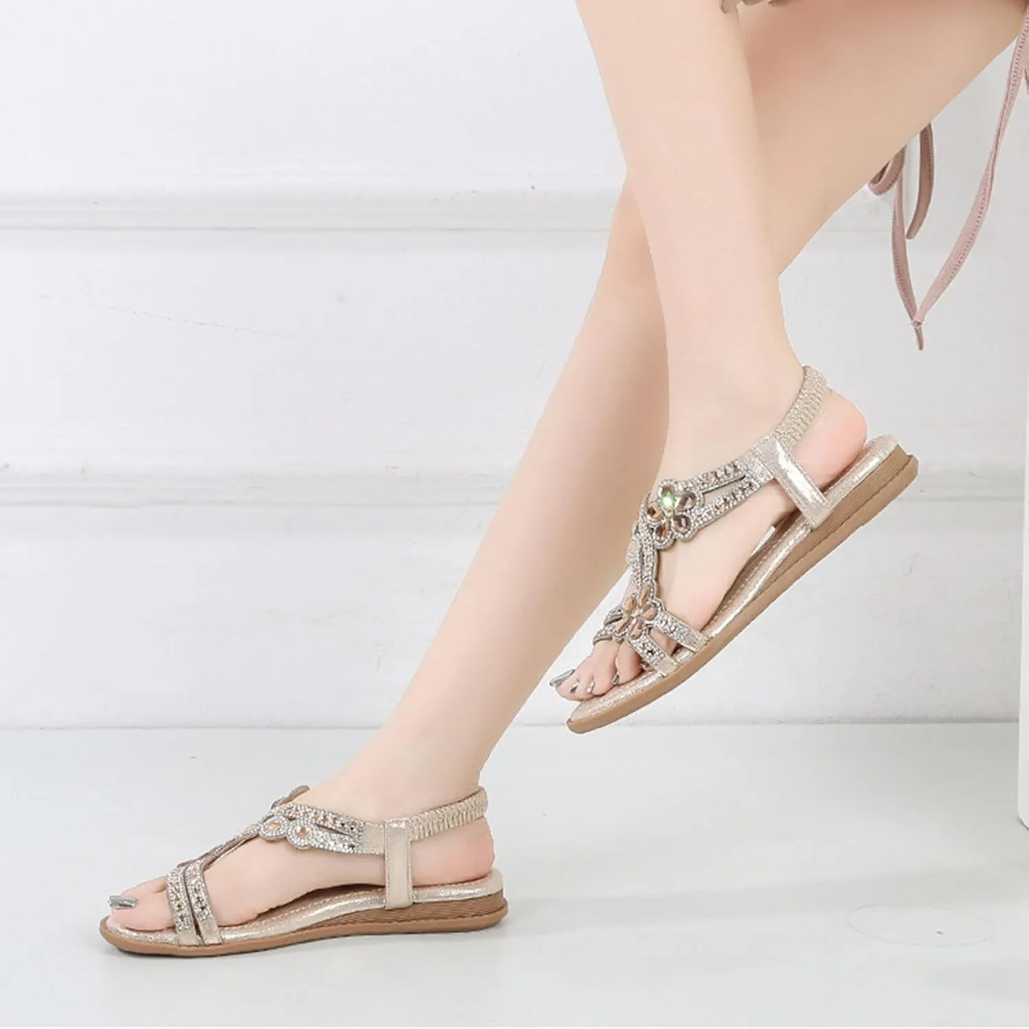 Summer Sandals for Women 2025 Bohemian Beaded Rhinestone Ankle Strap Dressy Wedding Shoes Comfortable Beach Flat Sandals