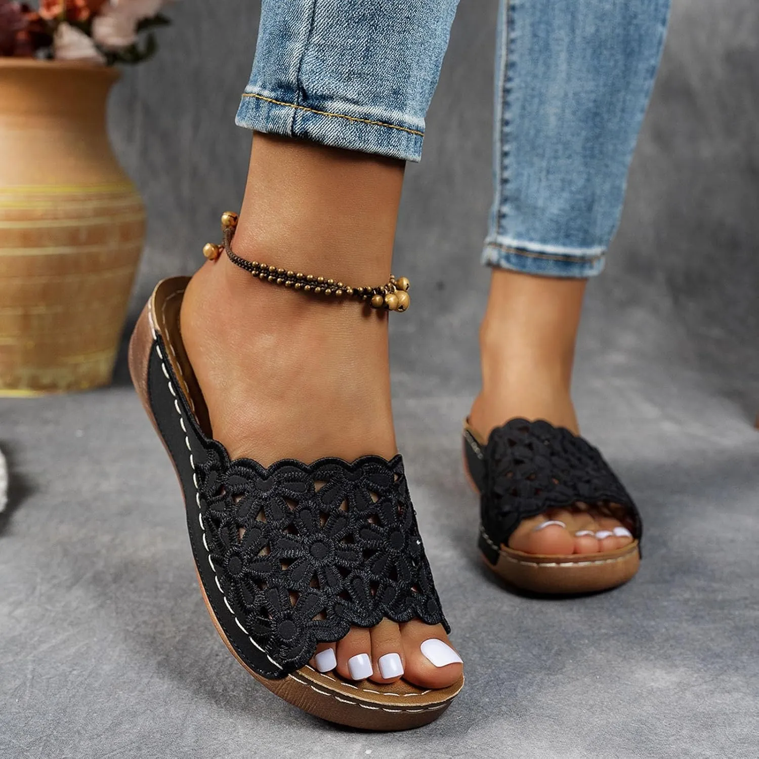Summer Sandals for Women 2025 Orthopedic Wedge Sandal,Flowers Open Toe Boho Beach Platform Casual Walking Slip on Dress Comfort Casual Outdoor Shoes