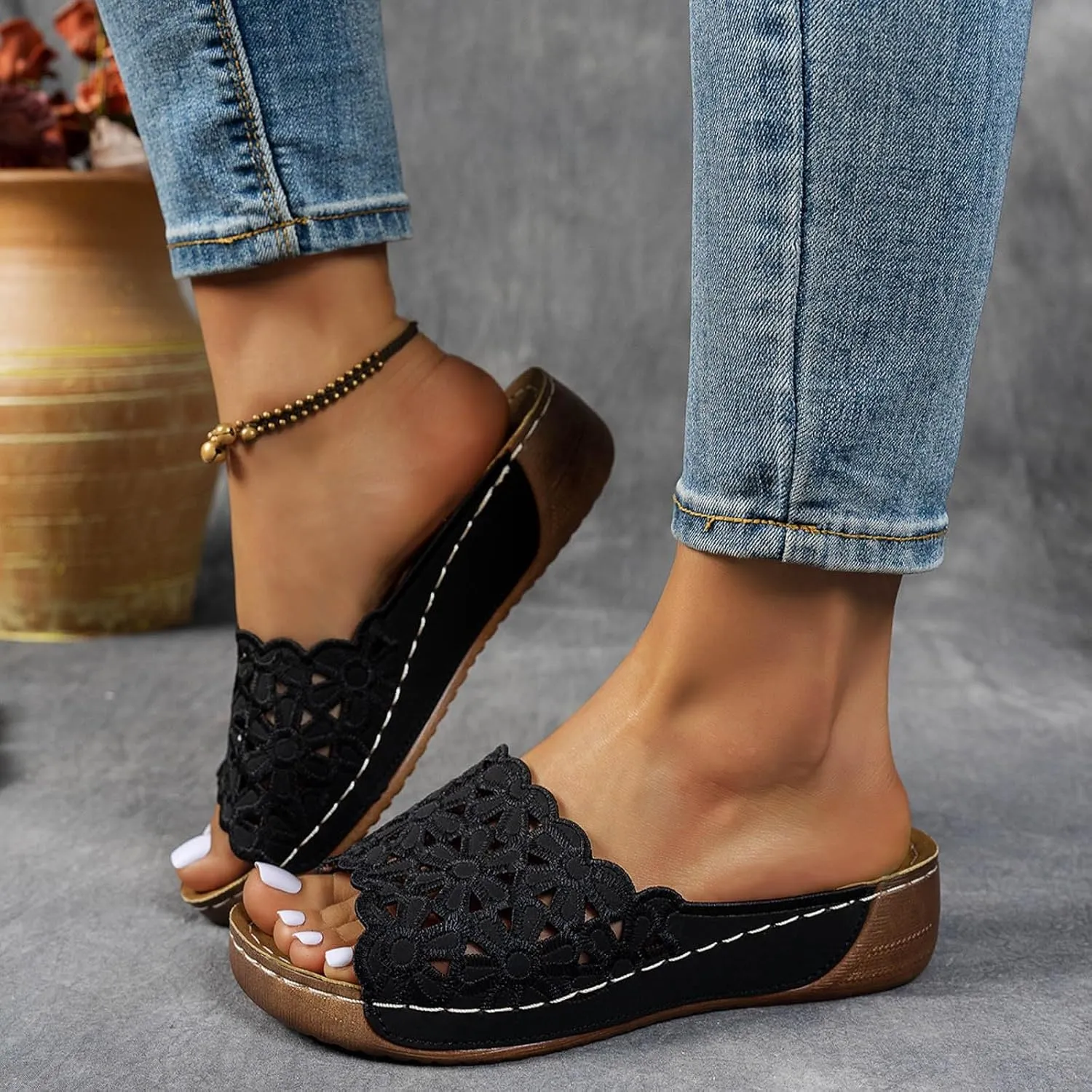 Summer Sandals for Women 2025 Orthopedic Wedge Sandal,Flowers Open Toe Boho Beach Platform Casual Walking Slip on Dress Comfort Casual Outdoor Shoes