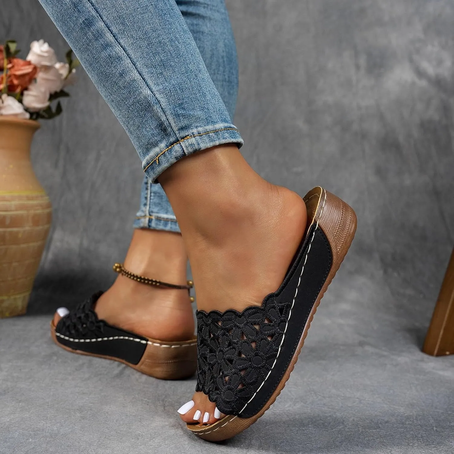 Summer Sandals for Women 2025 Orthopedic Wedge Sandal,Flowers Open Toe Boho Beach Platform Casual Walking Slip on Dress Comfort Casual Outdoor Shoes