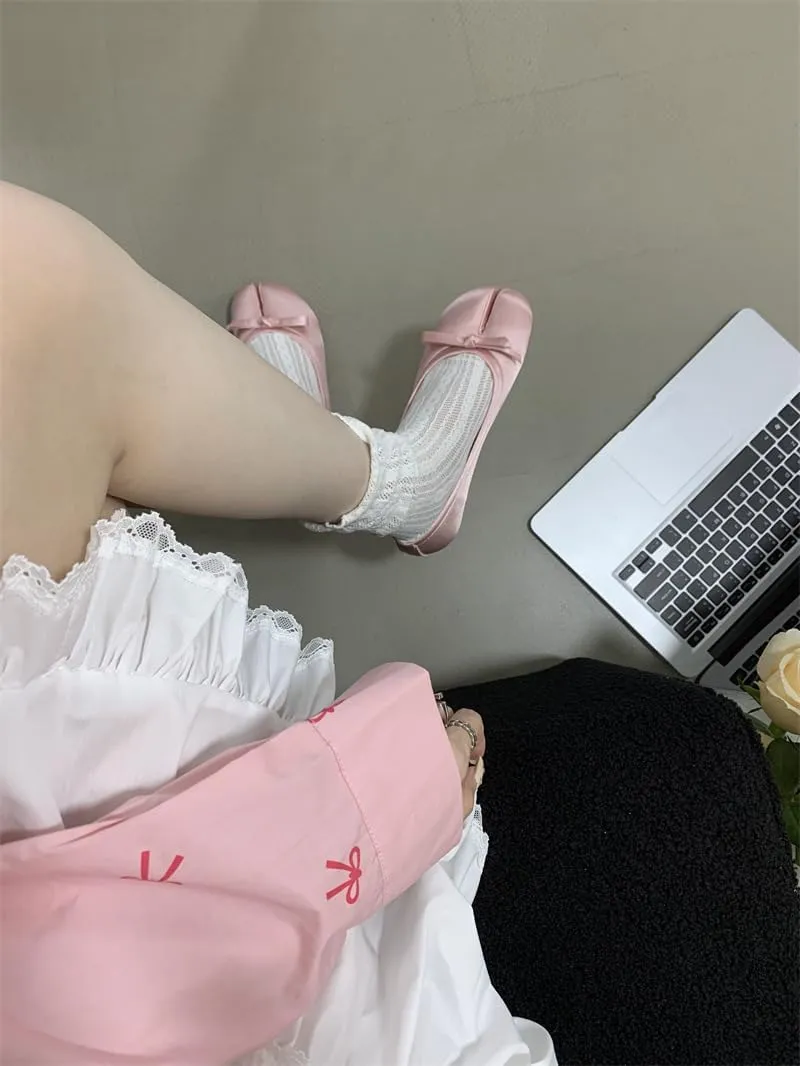 Tabi Shoes Women Slip on Bow Decorated Ballet Flat - Low Top Split Toe Orthopedic Sandals Cute Casual Retro Lightweight Comfortable Walking Loafers Female Solid All-Match for Daily Wear Beach Travel