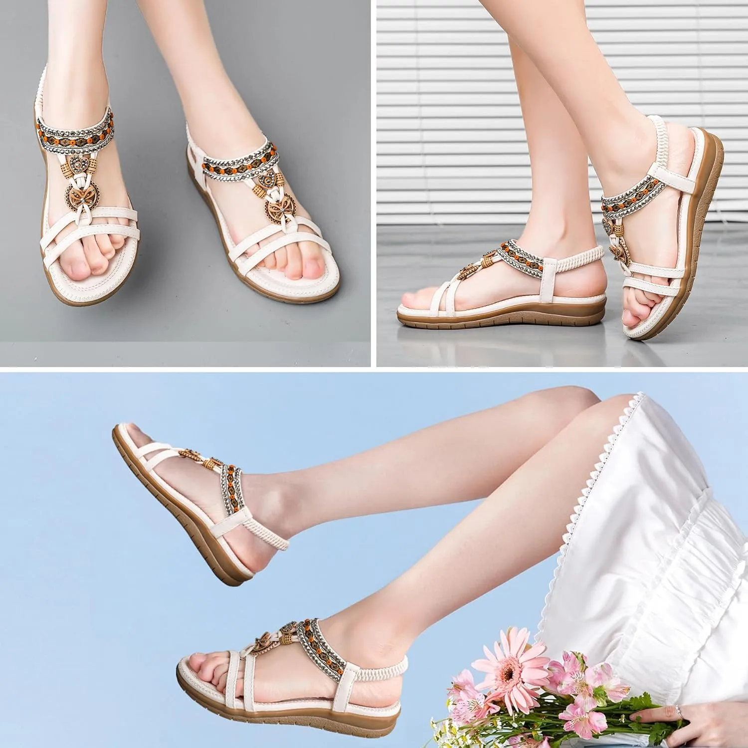 TETSUO Women Sandals Walking Flats Summer Beach Sandals Arch Support Casual Dressy Shoes for Women Elastic Ankle Strap Jeweled Bohemian Shoes