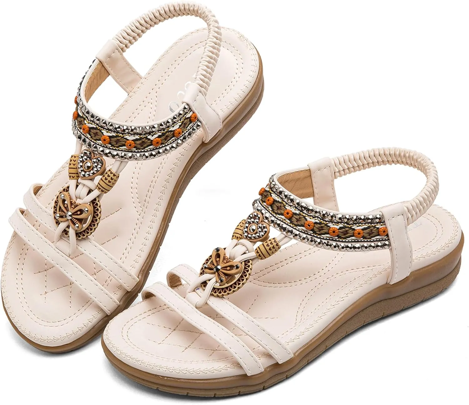 TETSUO Women Sandals Walking Flats Summer Beach Sandals Arch Support Casual Dressy Shoes for Women Elastic Ankle Strap Jeweled Bohemian Shoes