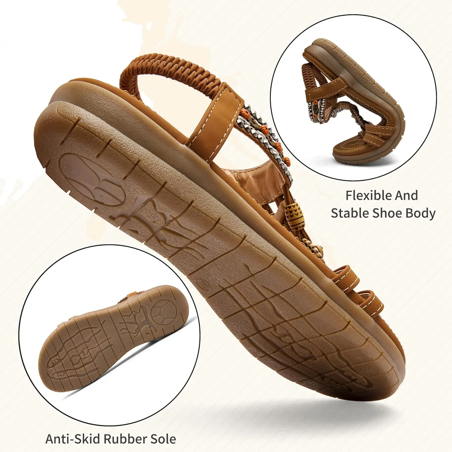 TETSUO Women Sandals Walking Flats Summer Beach Sandals Arch Support Casual Dressy Shoes for Women Elastic Ankle Strap Jeweled Bohemian Shoes