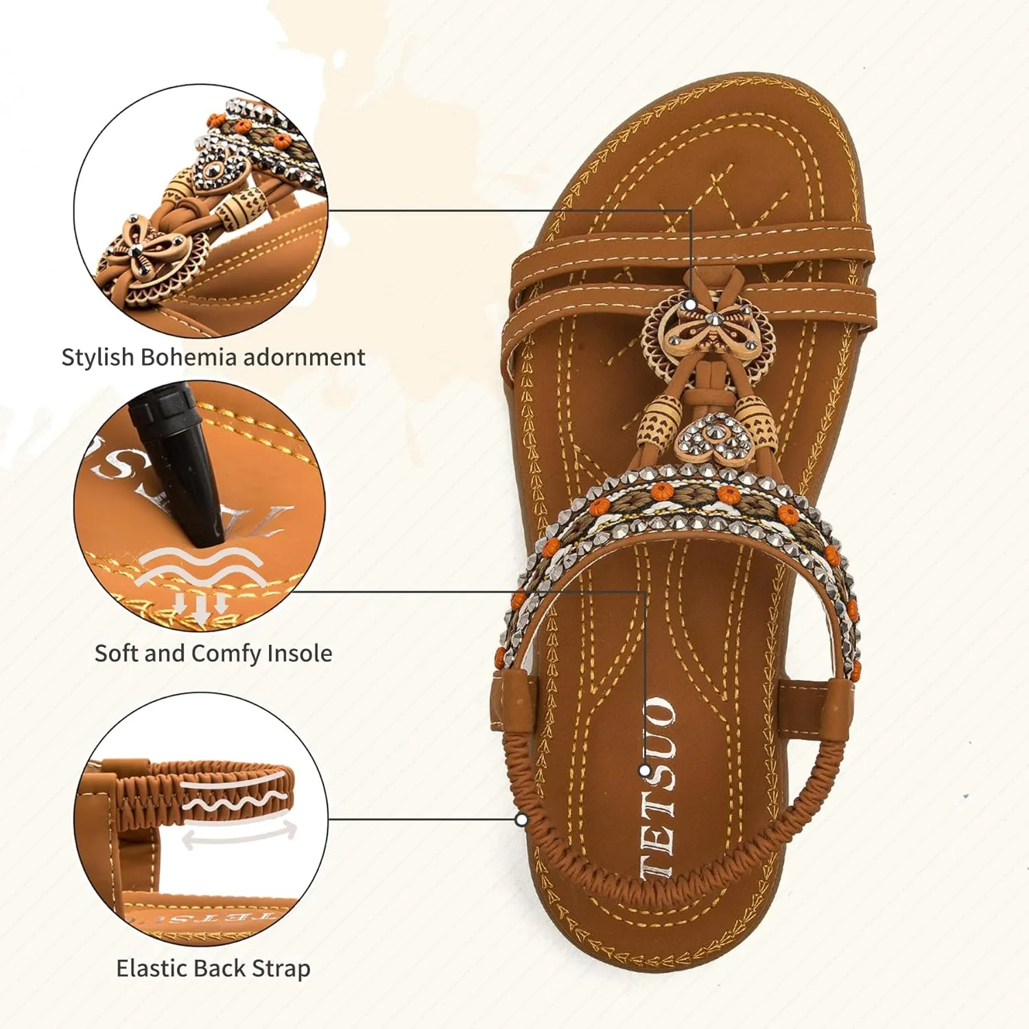 TETSUO Women Sandals Walking Flats Summer Beach Sandals Arch Support Casual Dressy Shoes for Women Elastic Ankle Strap Jeweled Bohemian Shoes