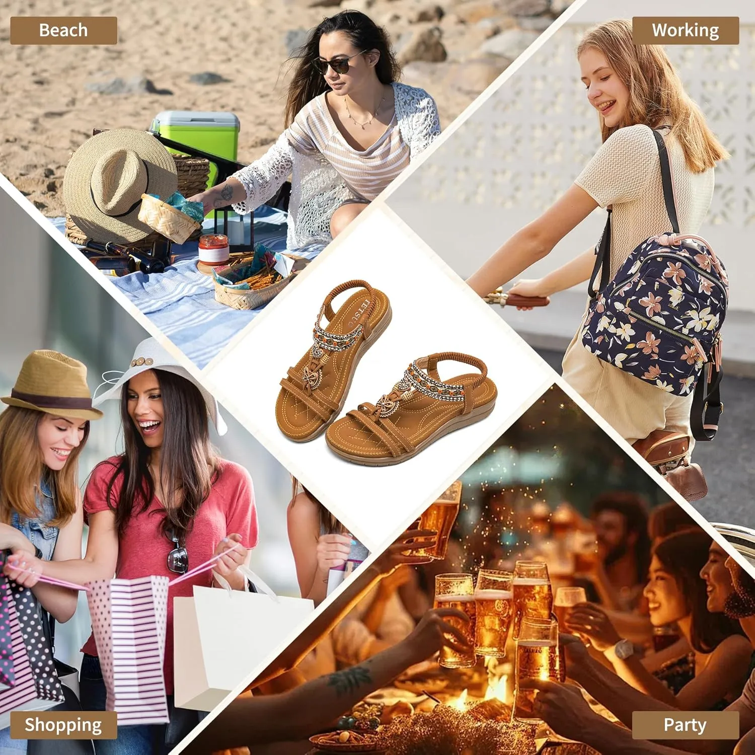 TETSUO Women Sandals Walking Flats Summer Beach Sandals Arch Support Casual Dressy Shoes for Women Elastic Ankle Strap Jeweled Bohemian Shoes
