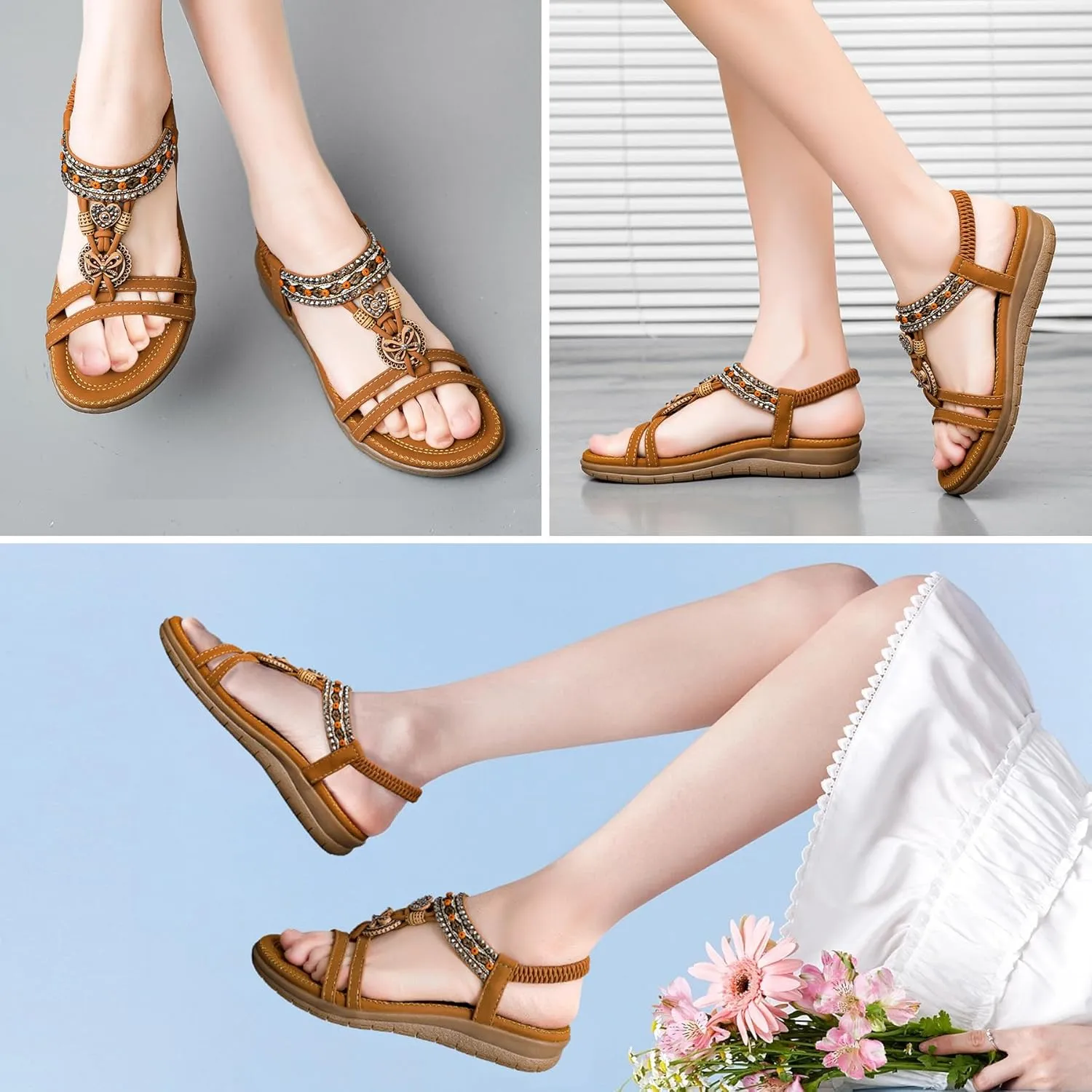 TETSUO Women Sandals Walking Flats Summer Beach Sandals Arch Support Casual Dressy Shoes for Women Elastic Ankle Strap Jeweled Bohemian Shoes