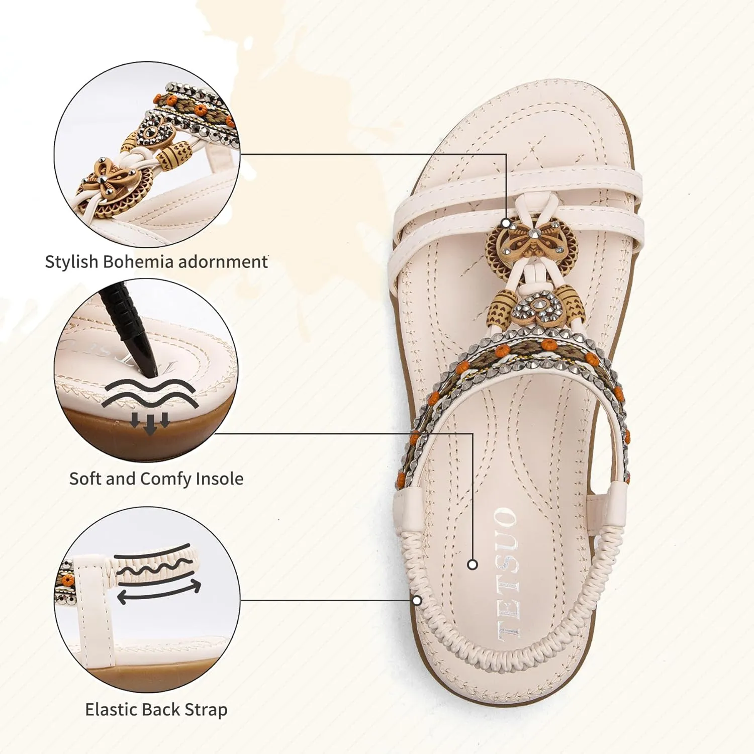 TETSUO Women Sandals Walking Flats Summer Beach Sandals Arch Support Casual Dressy Shoes for Women Elastic Ankle Strap Jeweled Bohemian Shoes