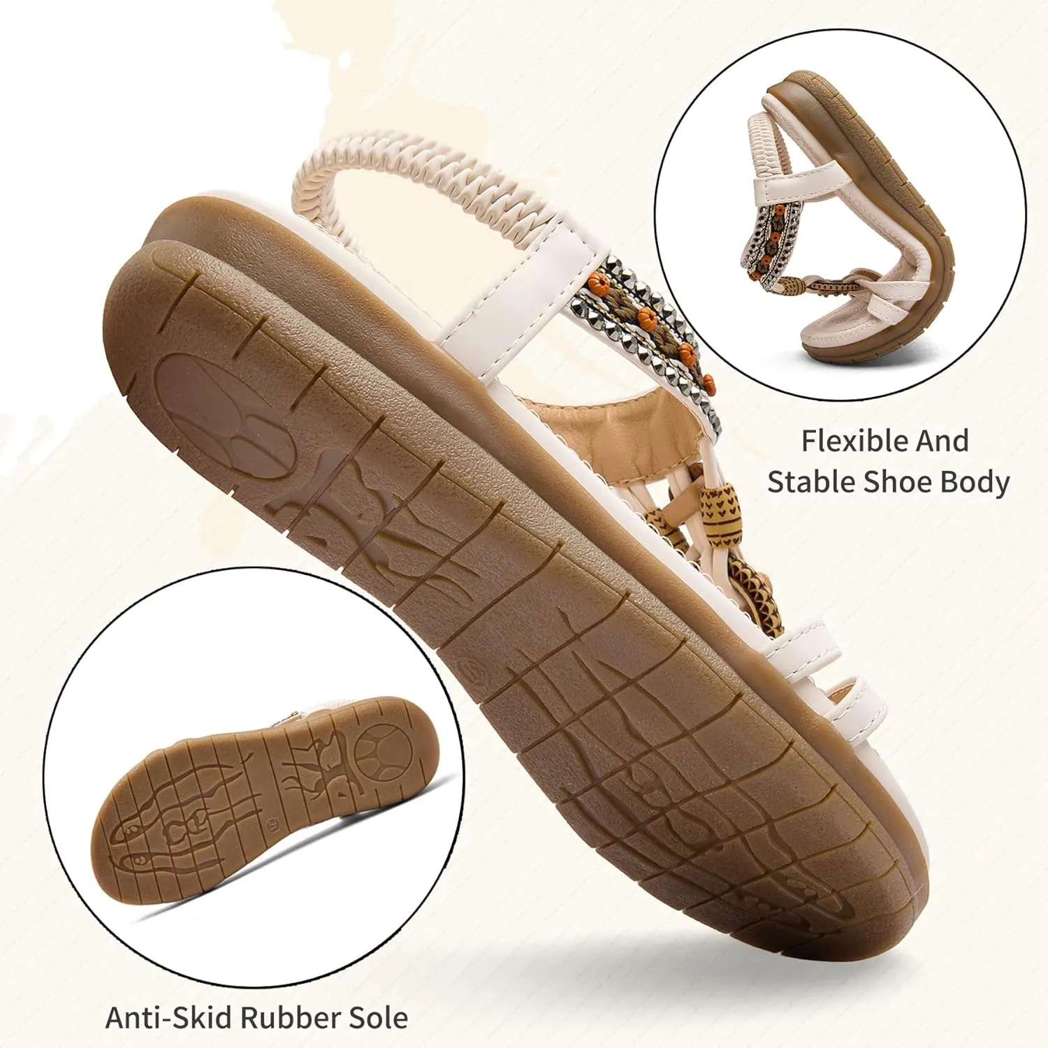 TETSUO Women Sandals Walking Flats Summer Beach Sandals Arch Support Casual Dressy Shoes for Women Elastic Ankle Strap Jeweled Bohemian Shoes