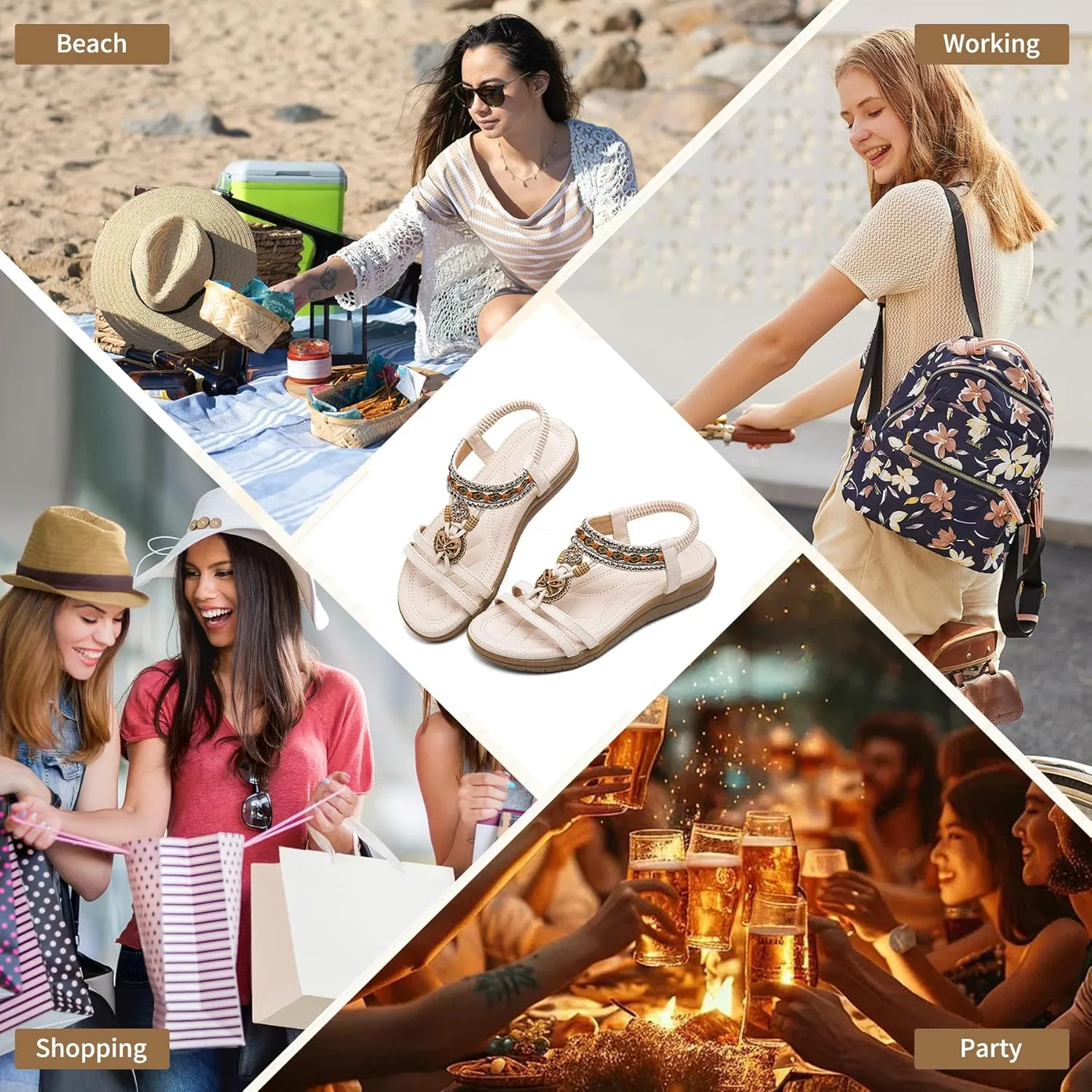 TETSUO Women Sandals Walking Flats Summer Beach Sandals Arch Support Casual Dressy Shoes for Women Elastic Ankle Strap Jeweled Bohemian Shoes