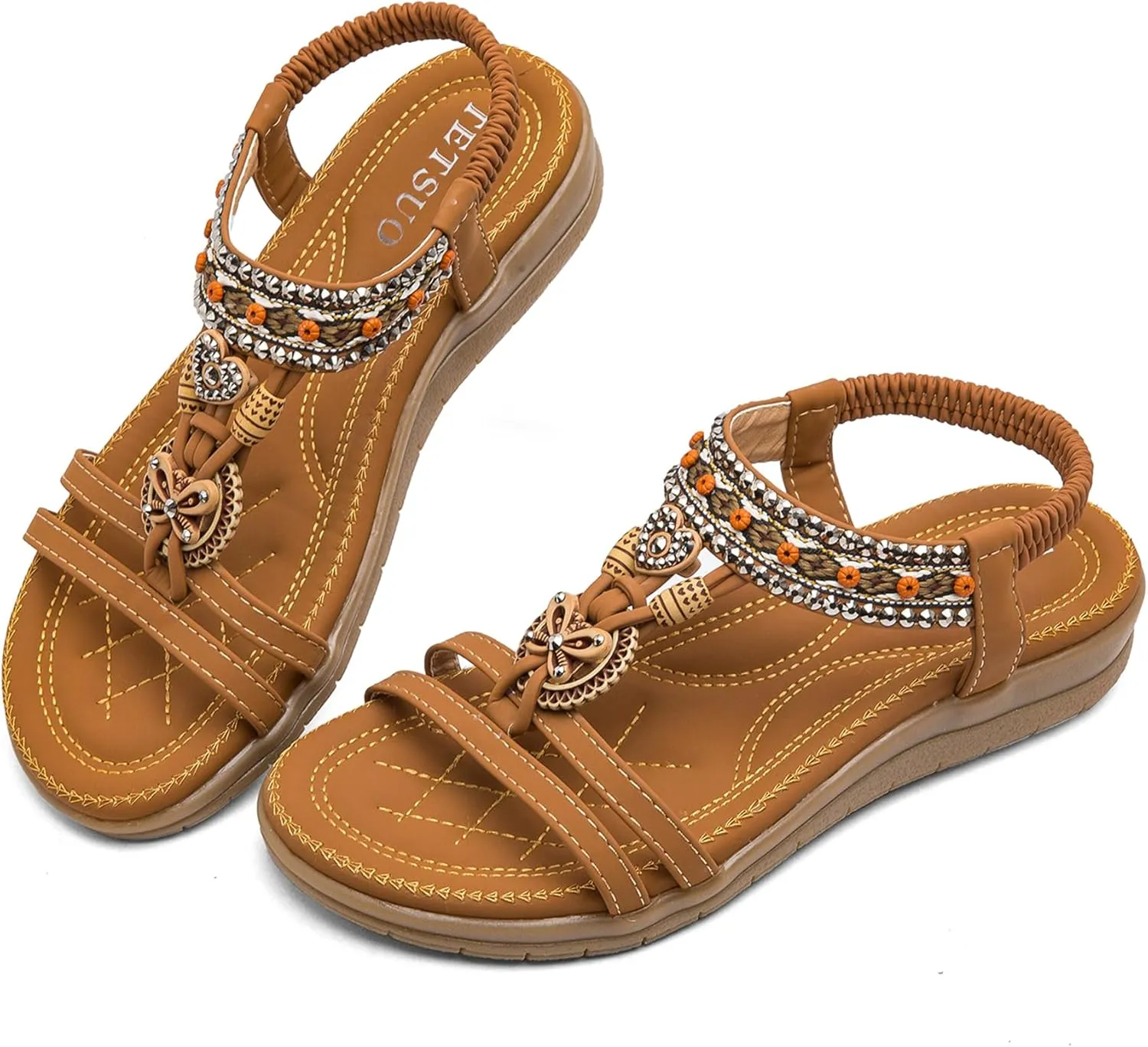 TETSUO Women Sandals Walking Flats Summer Beach Sandals Arch Support Casual Dressy Shoes for Women Elastic Ankle Strap Jeweled Bohemian Shoes