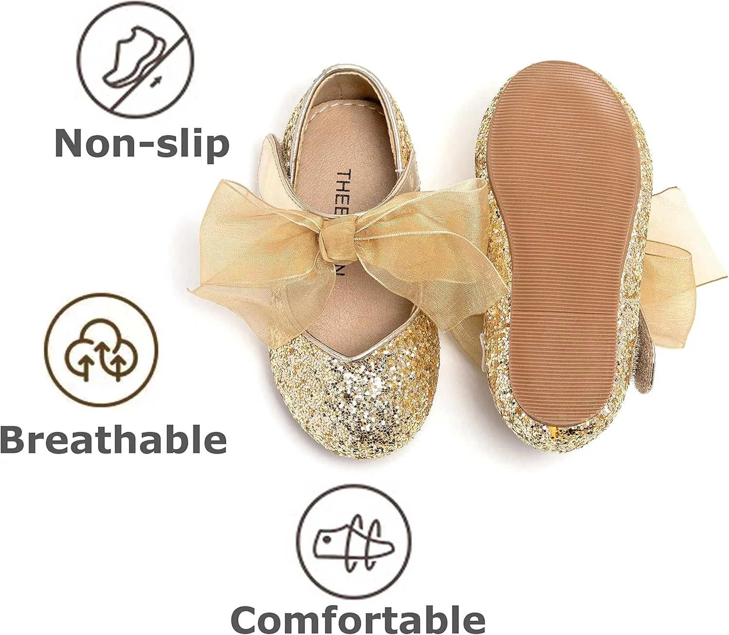 THEE BRON Toddler Dress Shoes Flower Girls Glitter Mary Jane Ballerina Flat Shoes