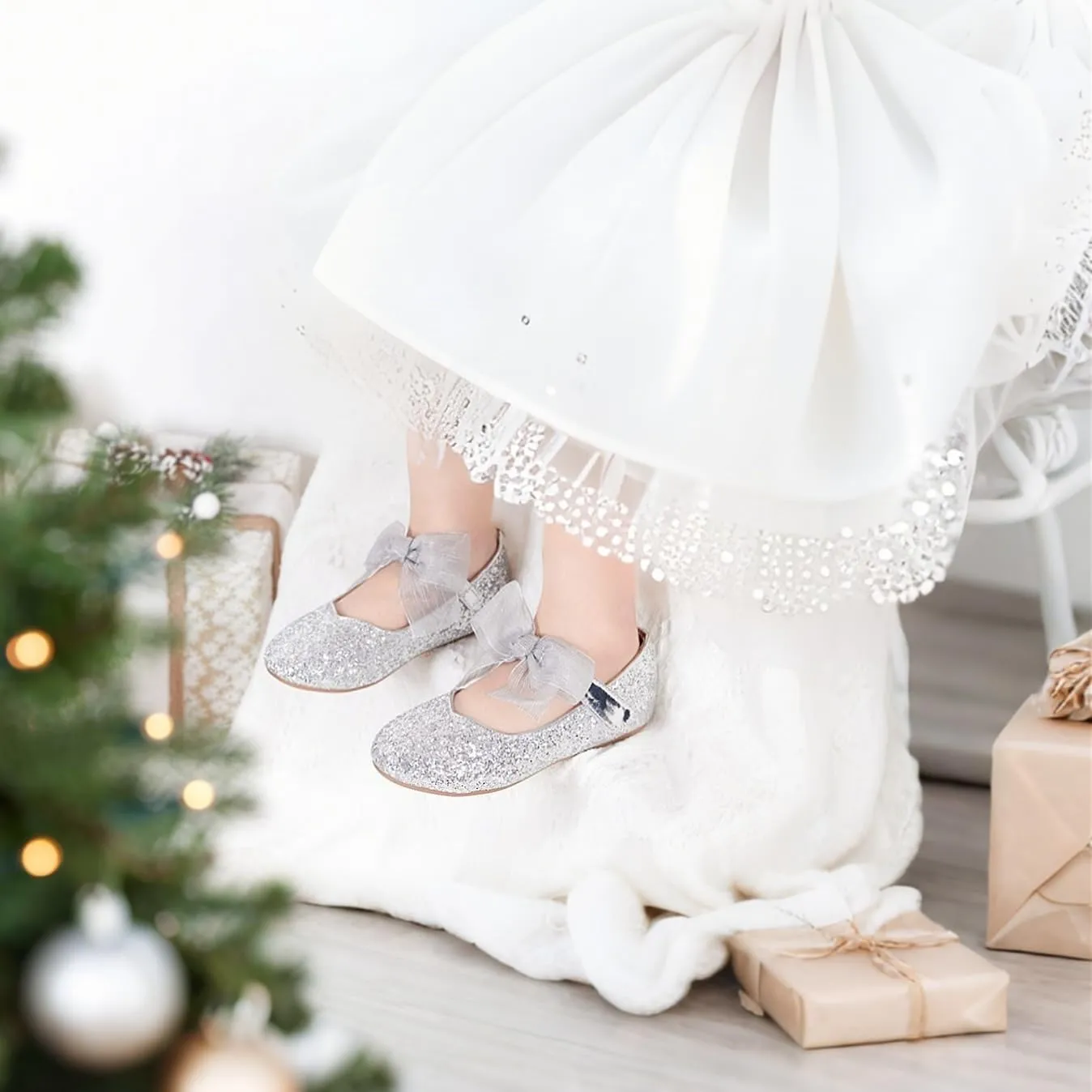 THEE BRON Toddler Dress Shoes Flower Girls Glitter Mary Jane Ballerina Flat Shoes