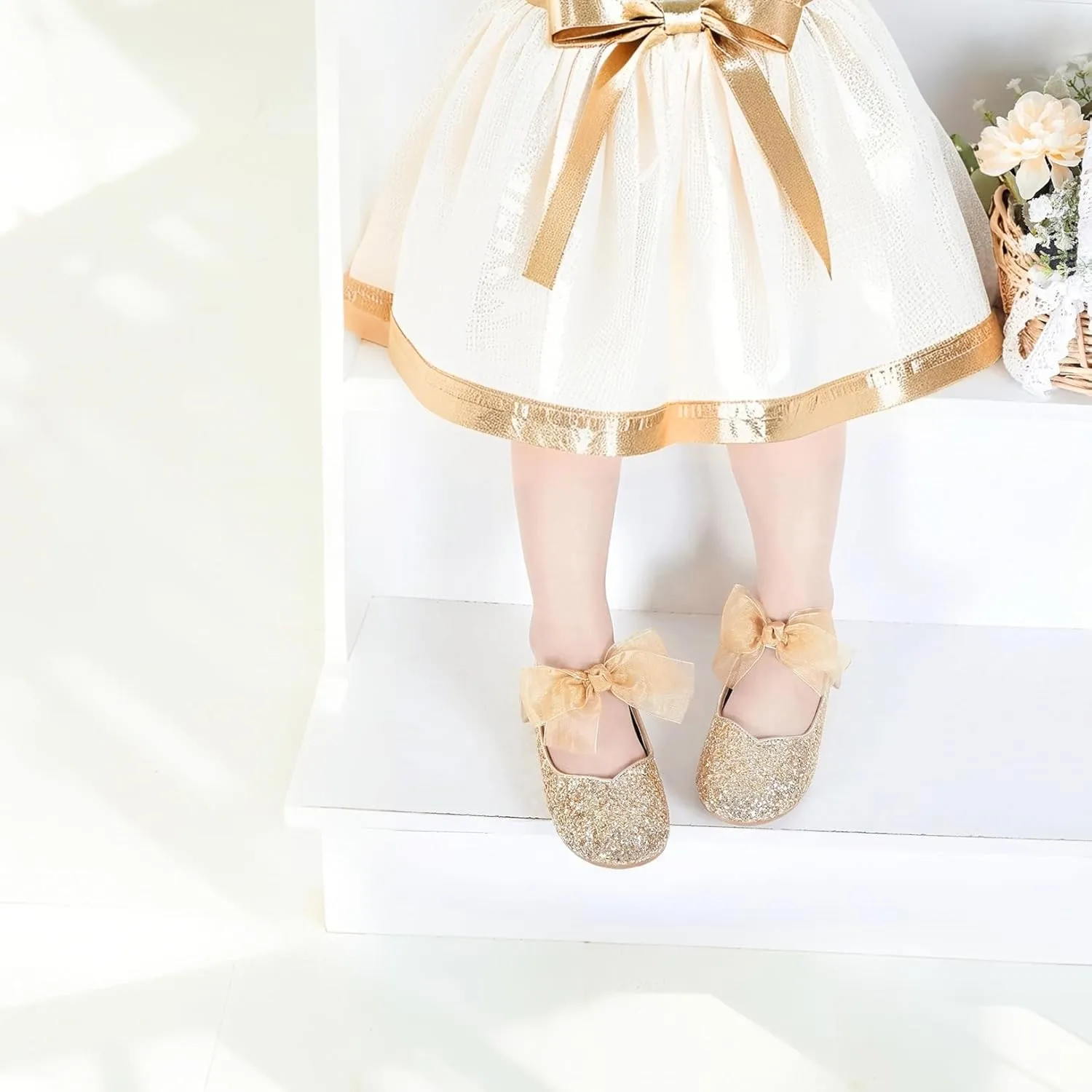 THEE BRON Toddler Dress Shoes Flower Girls Glitter Mary Jane Ballerina Flat Shoes