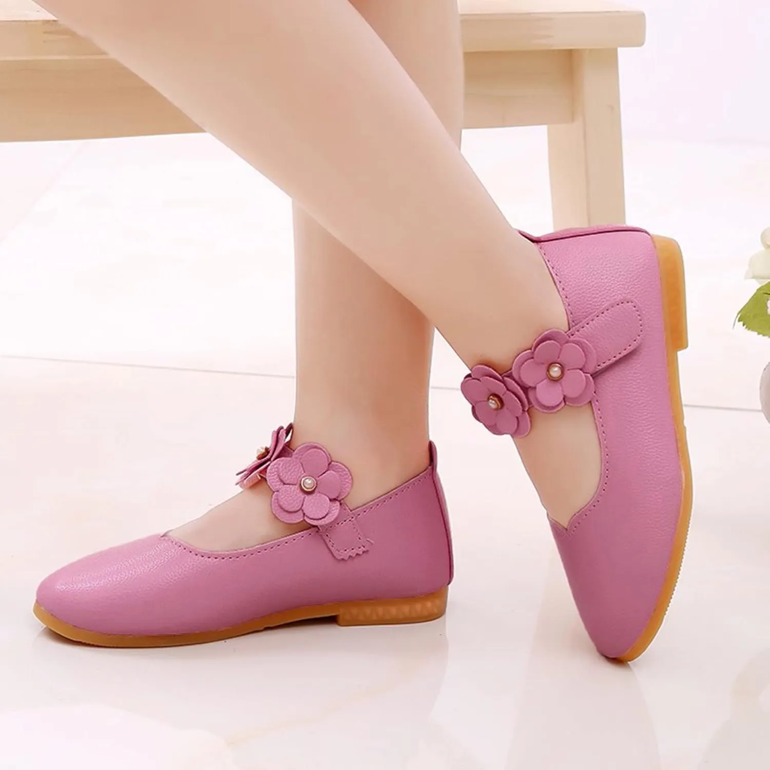 Toddler Dress Shoes Girls Kids Cute Solid Ballerina Flat with Floral Strap Wedding Party School Soft Mary Jane Shoes