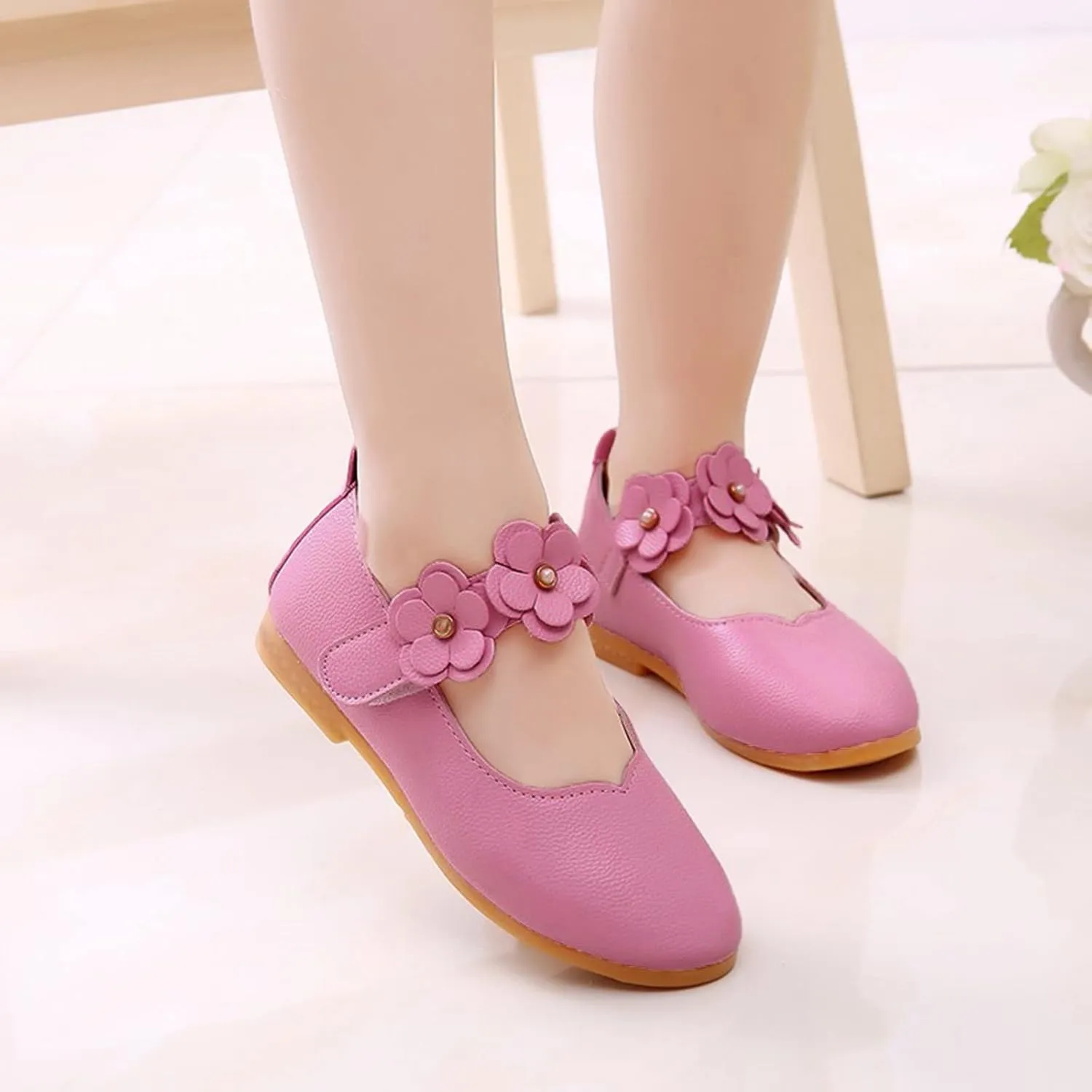 Toddler Dress Shoes Girls Kids Cute Solid Ballerina Flat with Floral Strap Wedding Party School Soft Mary Jane Shoes