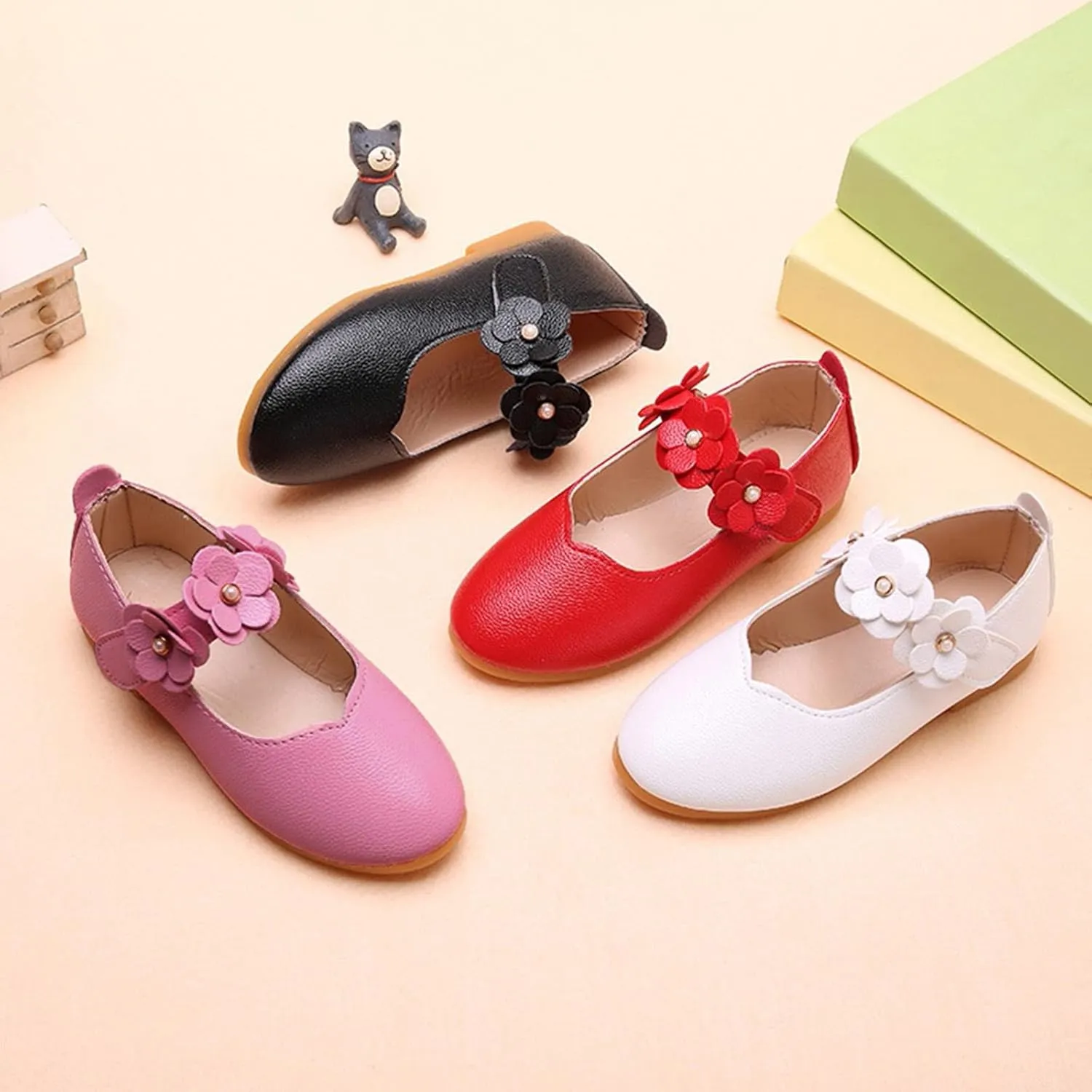 Toddler Dress Shoes Girls Kids Cute Solid Ballerina Flat with Floral Strap Wedding Party School Soft Mary Jane Shoes