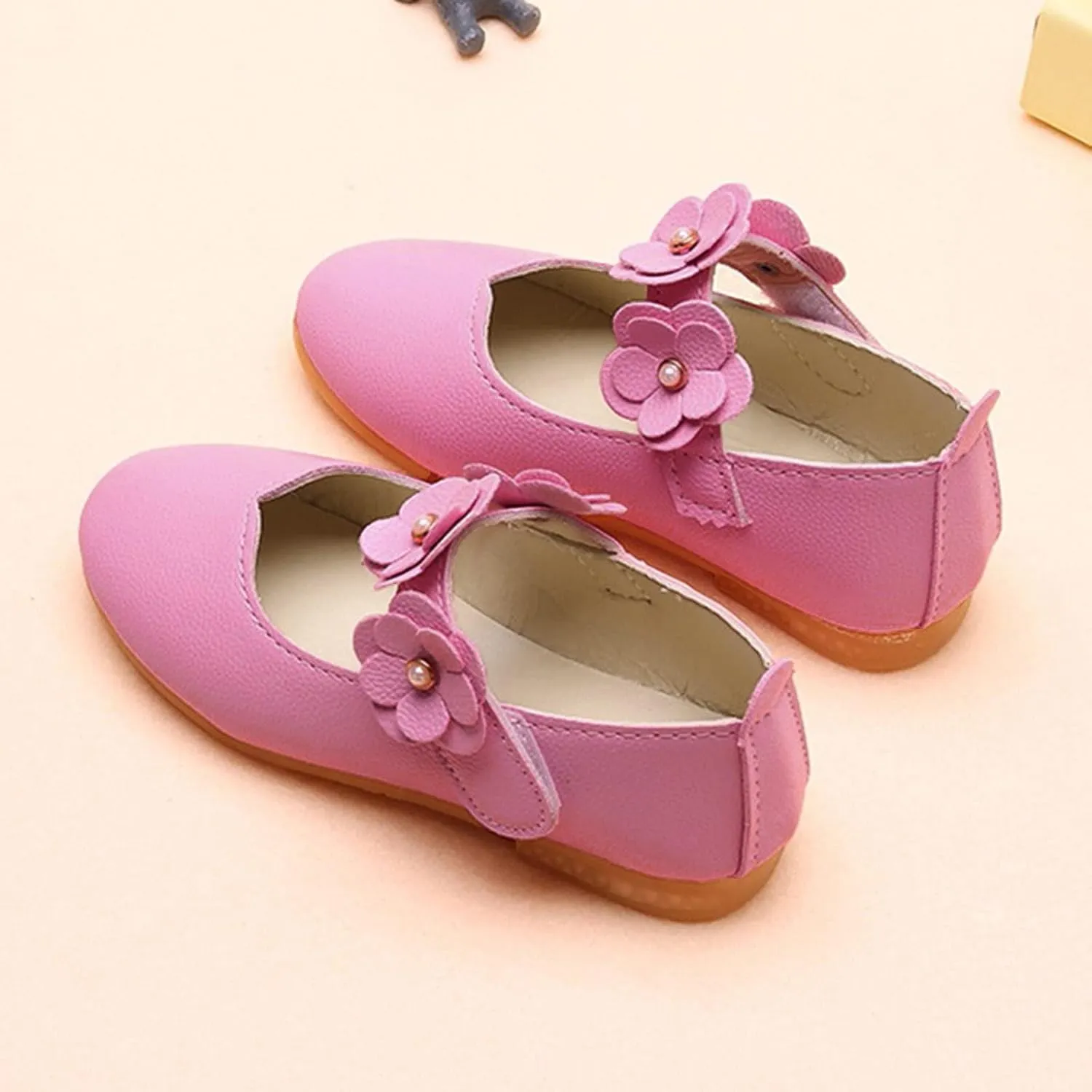 Toddler Dress Shoes Girls Kids Cute Solid Ballerina Flat with Floral Strap Wedding Party School Soft Mary Jane Shoes