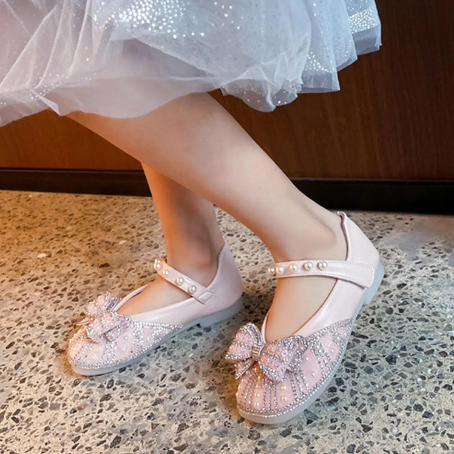 Toddler Flower Girl Dress Shoes Rhinstones Pearls Bow Mary Jane Ballet Flats Wedding Party Girls Shoes