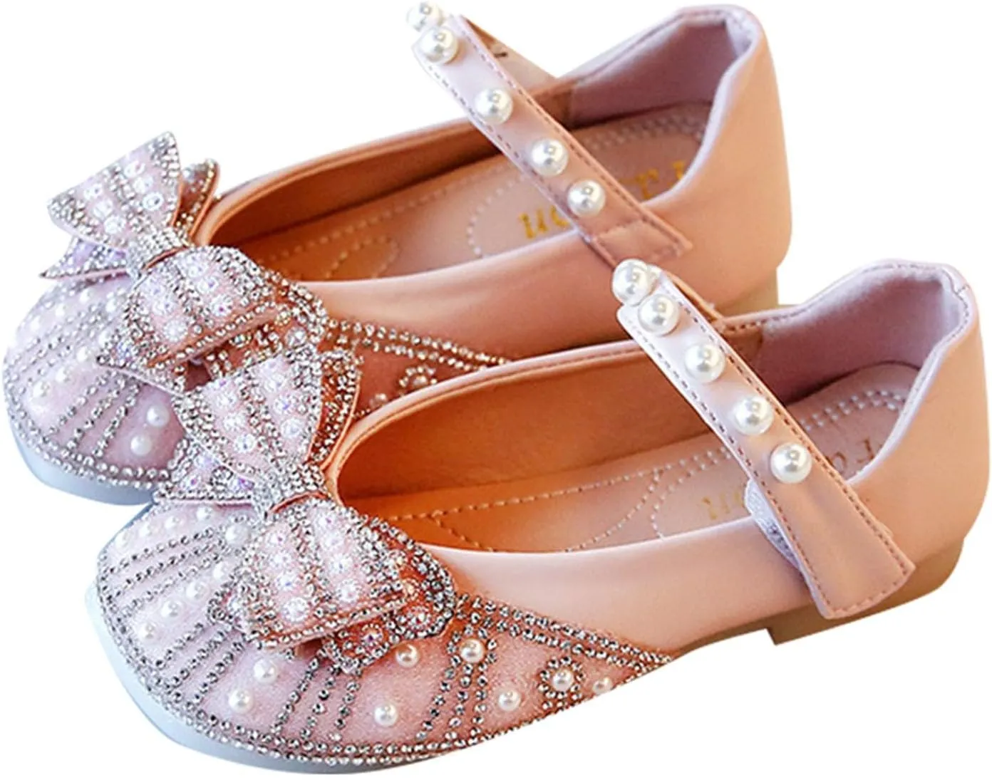 Toddler Flower Girl Dress Shoes Rhinstones Pearls Bow Mary Jane Ballet Flats Wedding Party Girls Shoes