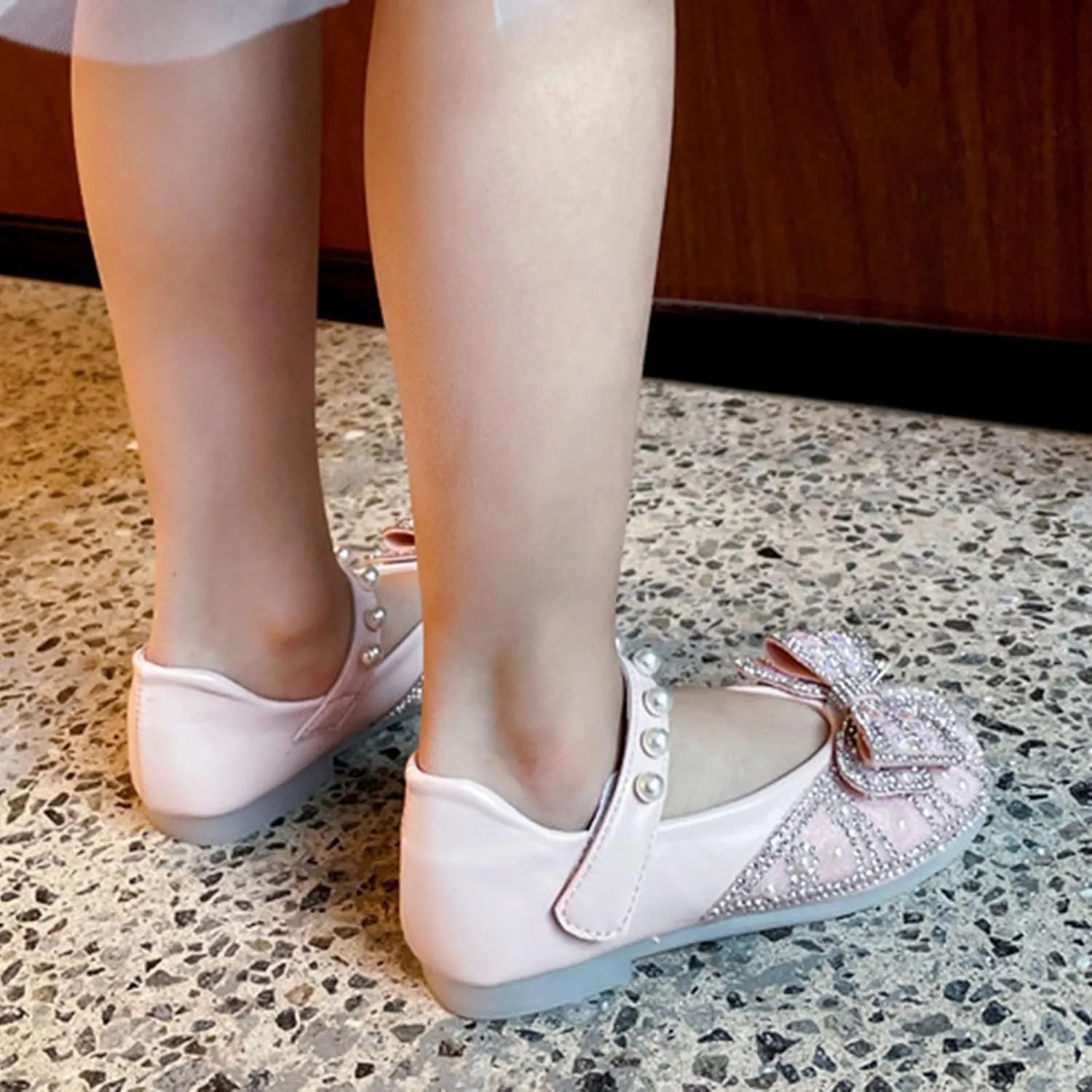 Toddler Flower Girl Dress Shoes Rhinstones Pearls Bow Mary Jane Ballet Flats Wedding Party Girls Shoes